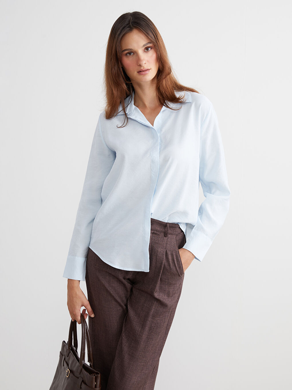 Mavi Modal Karışımlı Kadın Gömlek