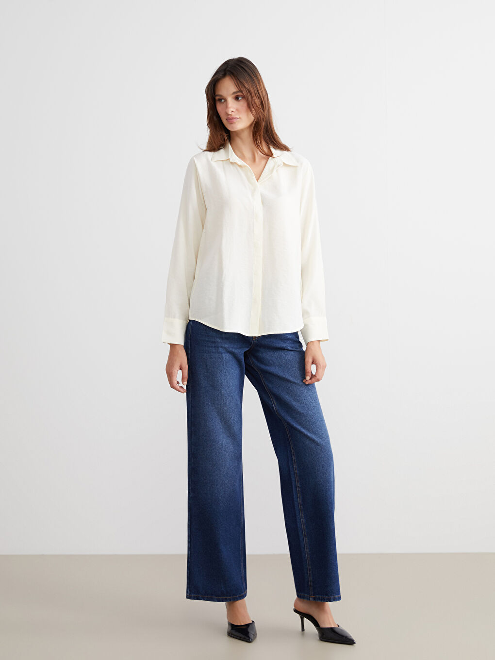 Ekru Modal Karışımlı Kadın Gömlek-1