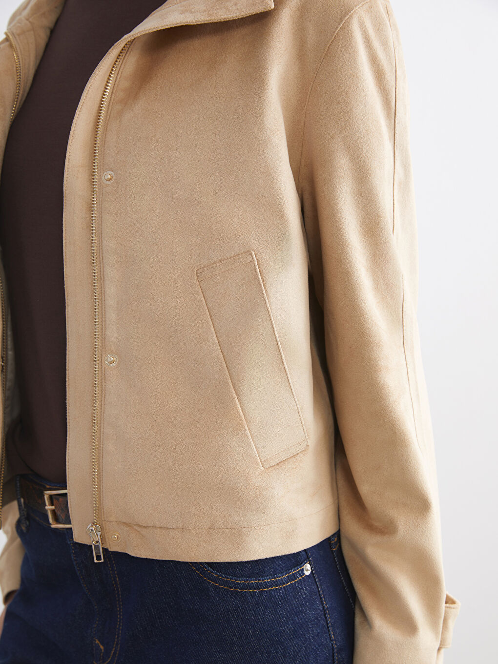 Bej Dik Yaka Süet Görünümlü Kadın Ceket-2