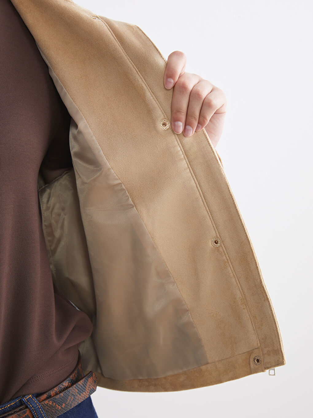 Bej Dik Yaka Süet Görünümlü Kadın Ceket-3