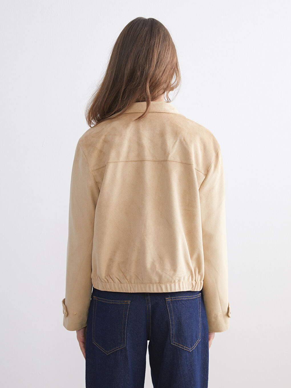 Bej Dik Yaka Süet Görünümlü Kadın Ceket-4