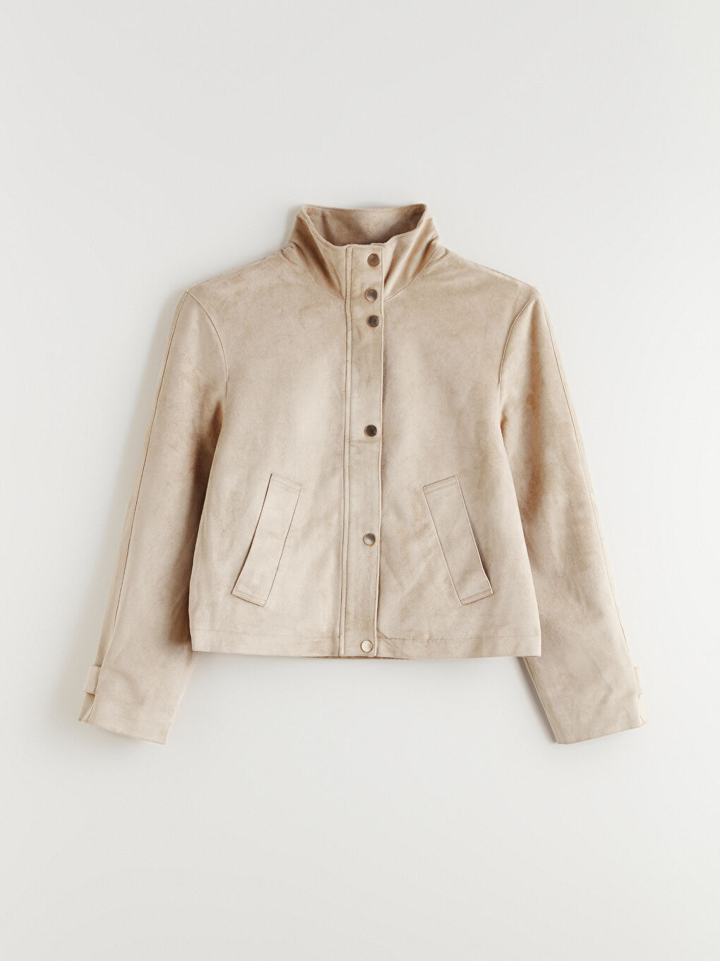 Bej Dik Yaka Süet Görünümlü Kadın Ceket-5