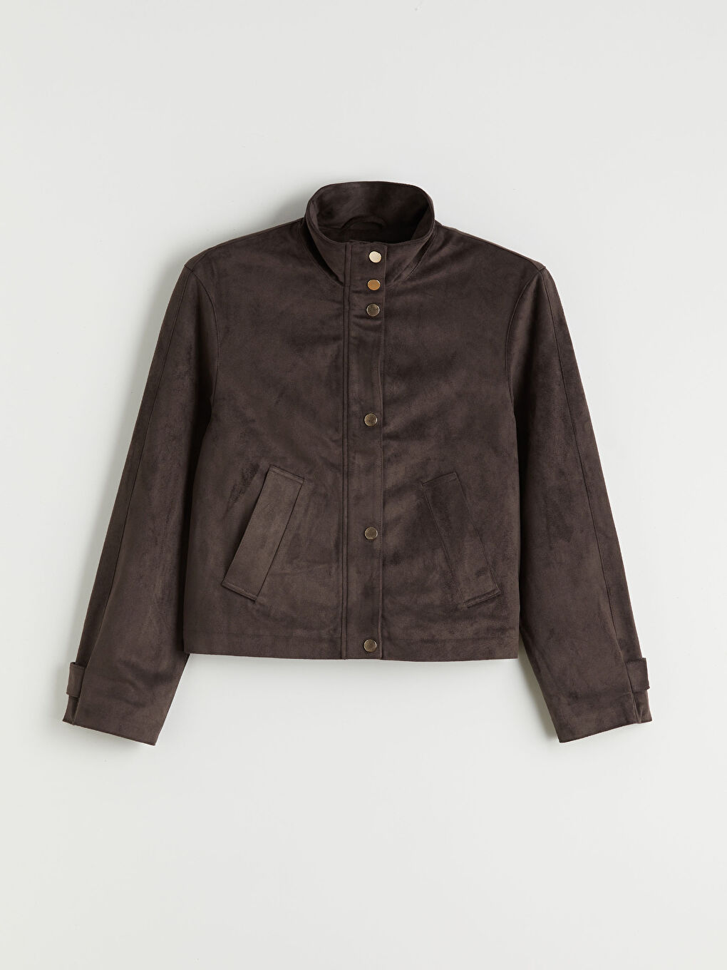 Kahverengi Dik Yaka Süet Görünümlü Kadın Ceket-4