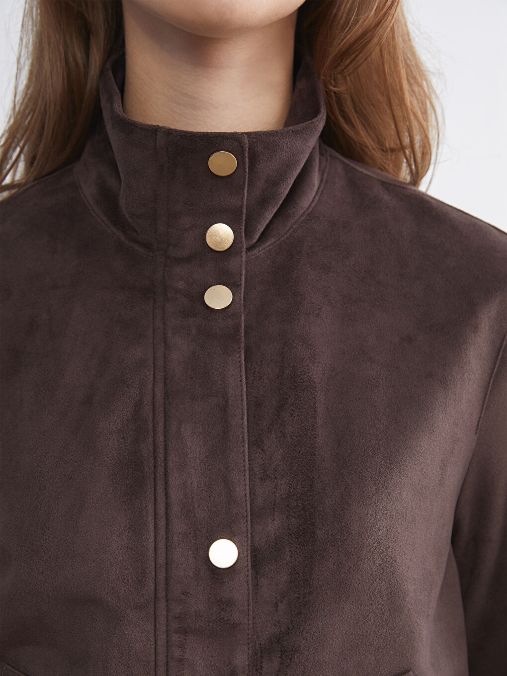 Kahverengi Dik Yaka Süet Görünümlü Kadın Ceket-2