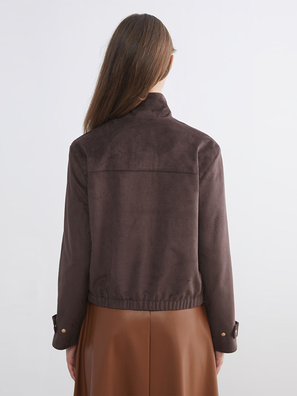 Kahverengi Dik Yaka Süet Görünümlü Kadın Ceket-3