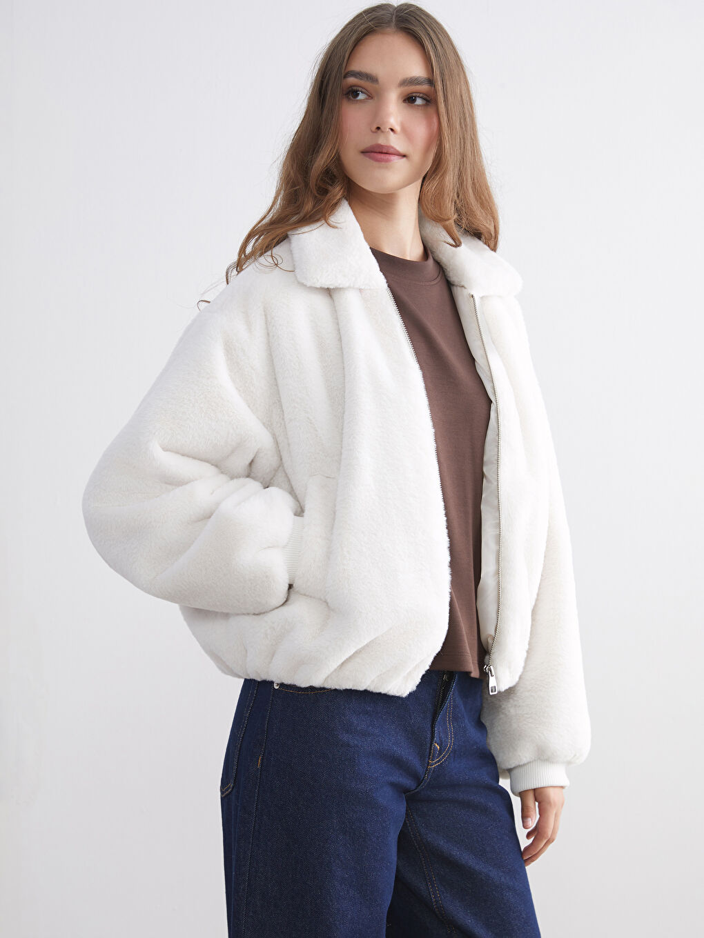 Ekru Gömlek Yaka Oversize Kadın Pelüş Mont