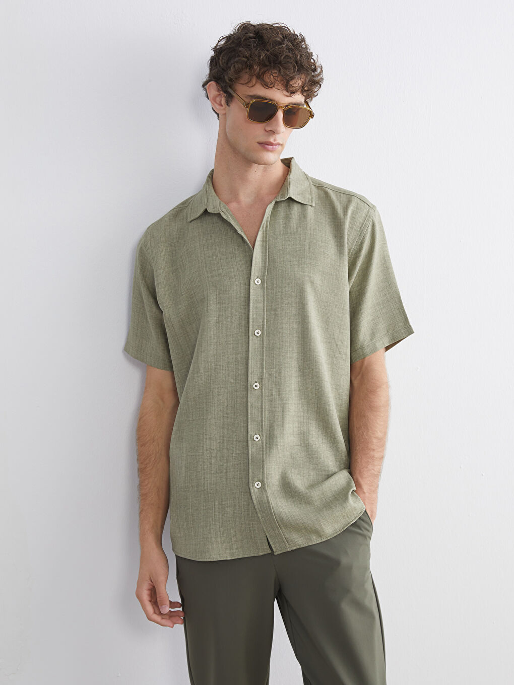 Yeşil Regular Fit Kısa Kollu Erkek Gömlek-1