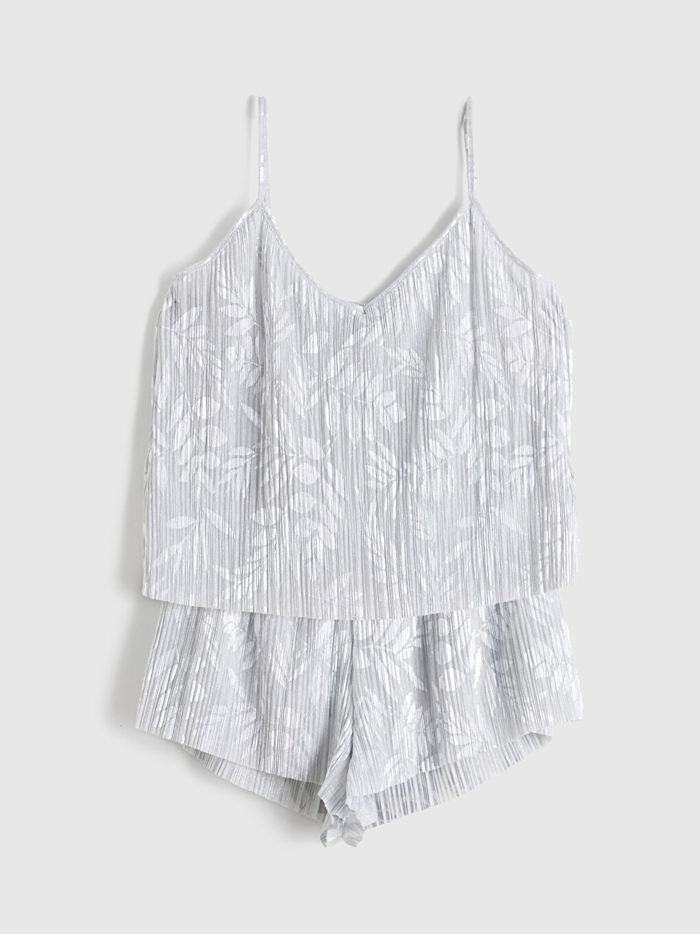 Gri V Yaka Çiçekli Askılı Kadın Şortlu Pijama Takımı-4