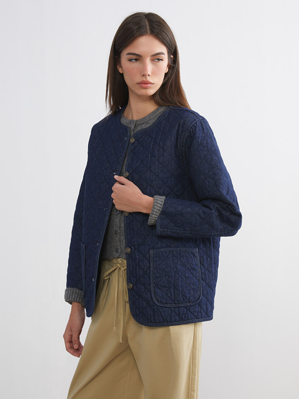 İndigo Bisiklet Yaka Kapitone Oversize Kadın Jean Ceket