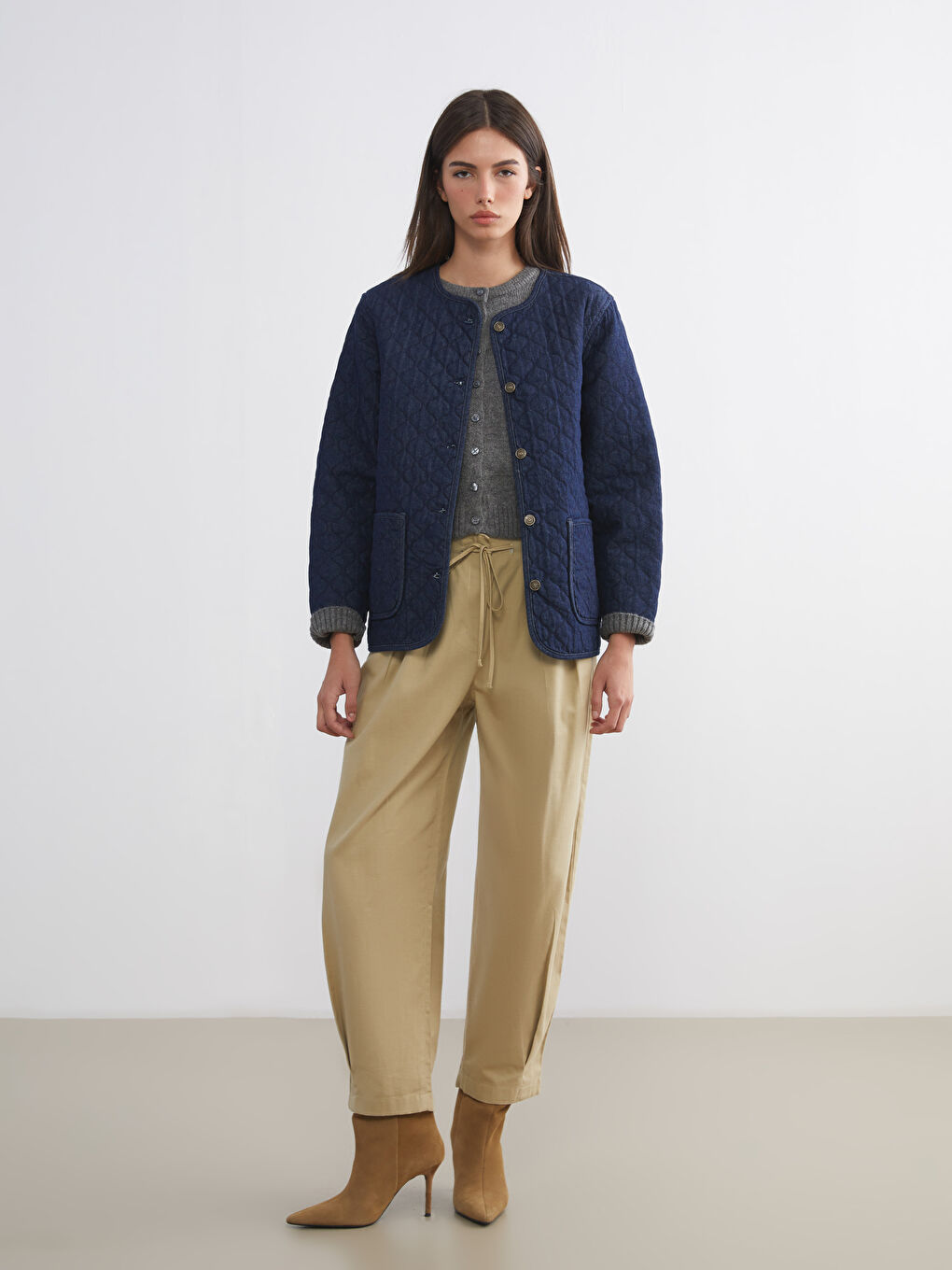 İndigo Bisiklet Yaka Kapitone Oversize Kadın Jean Ceket-1