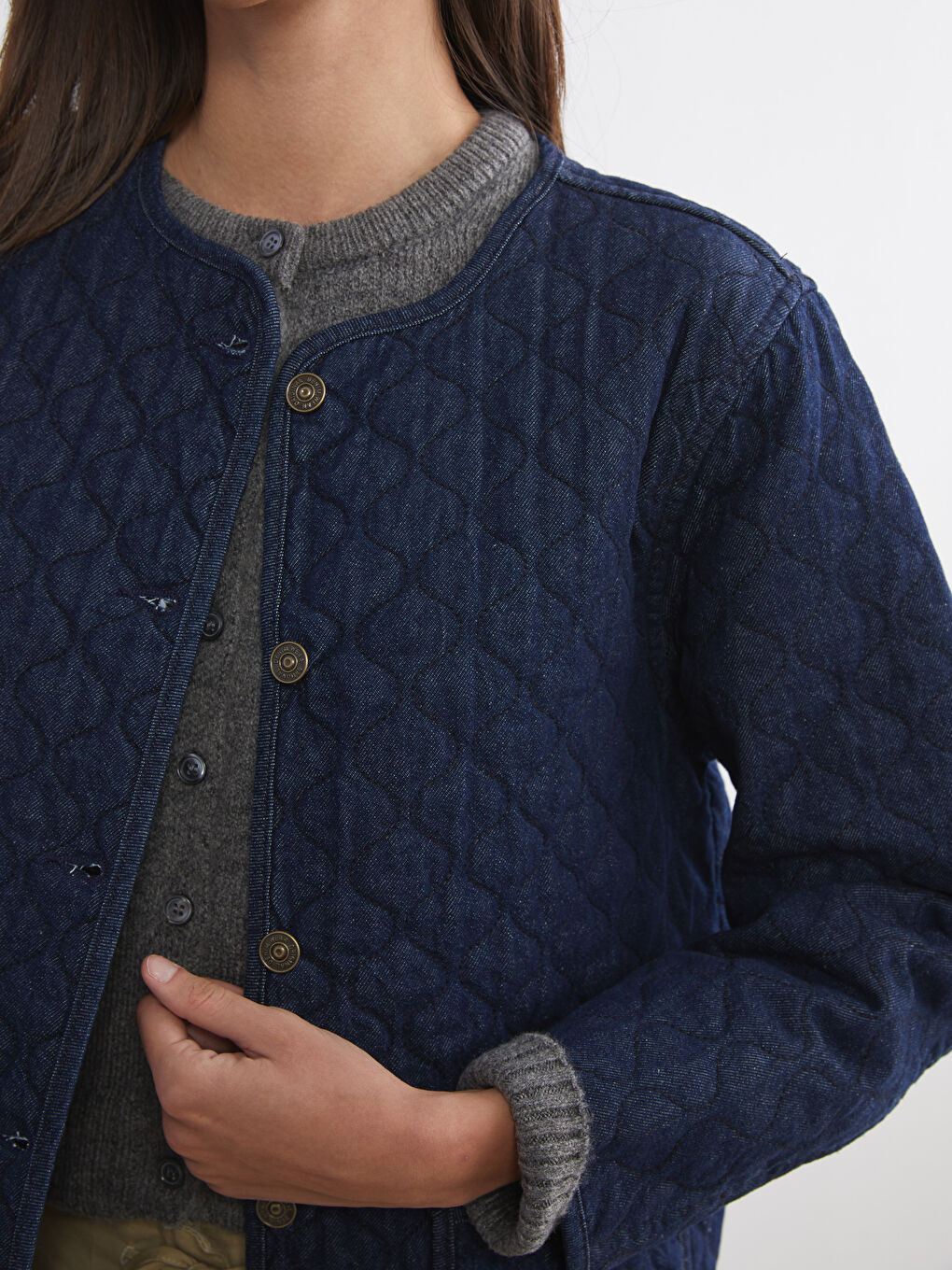 İndigo Bisiklet Yaka Kapitone Oversize Kadın Jean Ceket-2