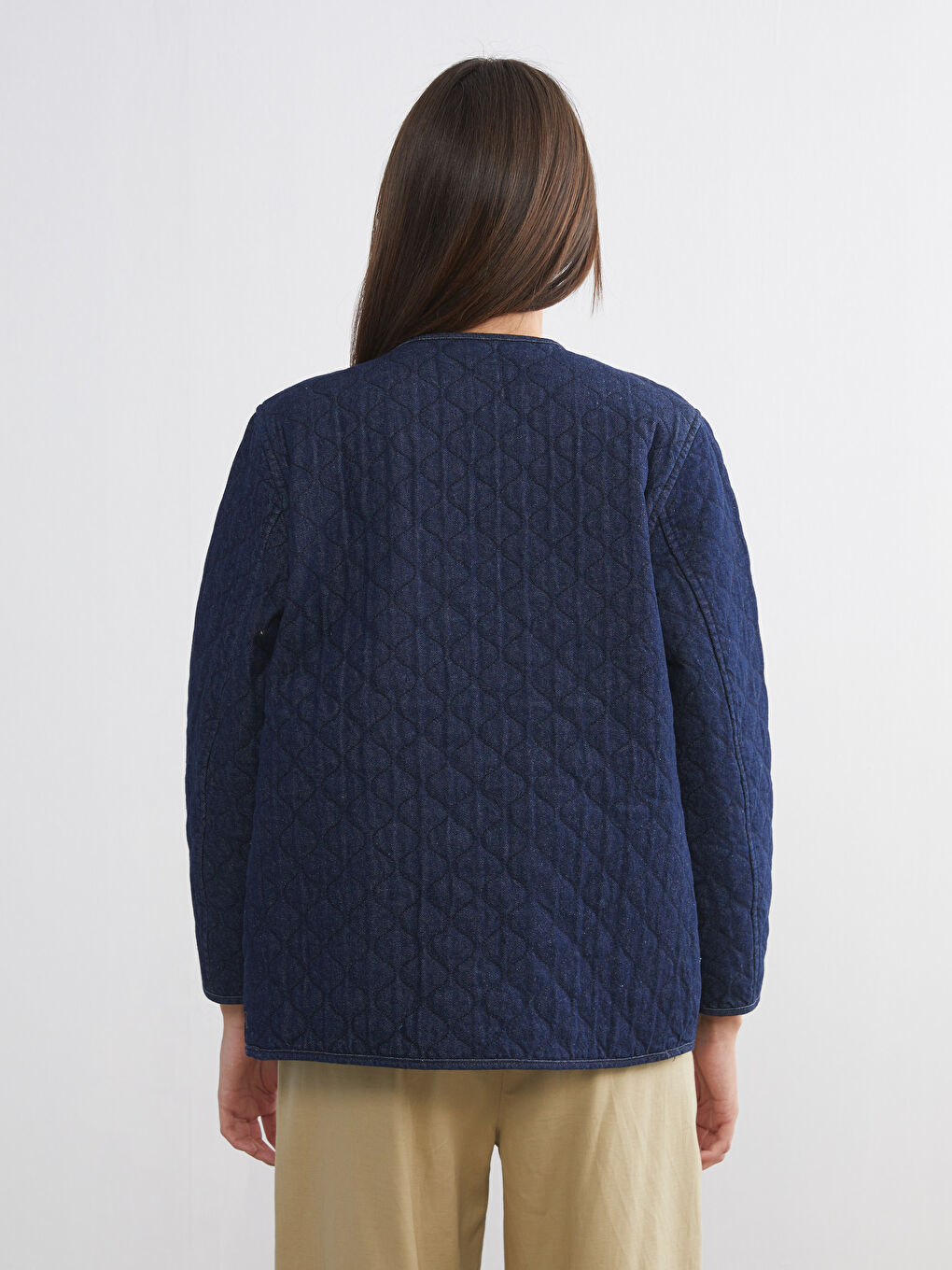 İndigo Bisiklet Yaka Kapitone Oversize Kadın Jean Ceket-4