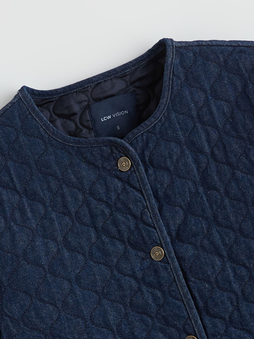 İndigo Bisiklet Yaka Kapitone Oversize Kadın Jean Ceket-6