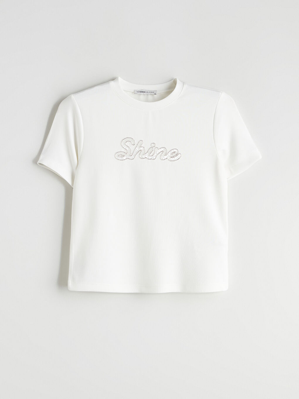 Ekru Bisiklet Yaka Taşlı Kadın Tişört-10