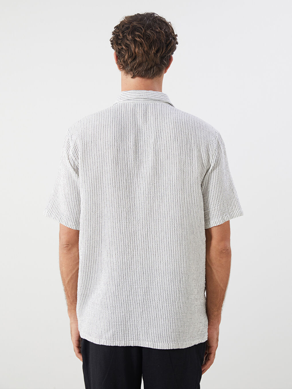 Ekru Regular Fit Kısa Kollu Çizgili Müslin Erkek Gömlek-3