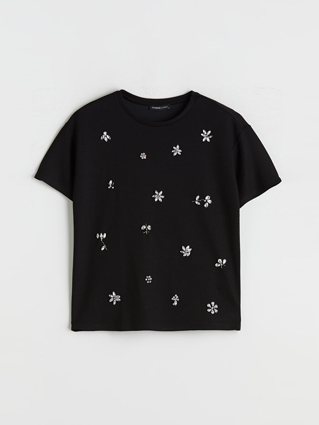 Siyah Bisiklet Yaka Çiçekli Taşlı Kadın Tişört-8