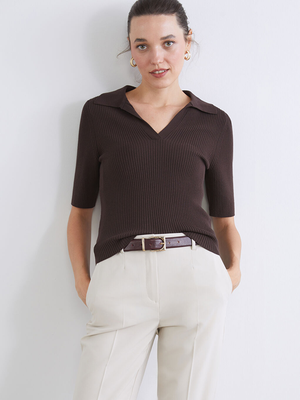 Kahverengi Polo Yaka Kadın Triko Kazak