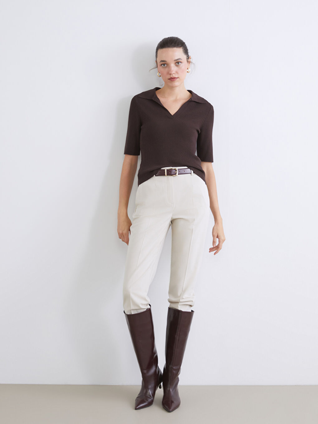 Kahverengi Polo Yaka Kadın Triko Kazak-1