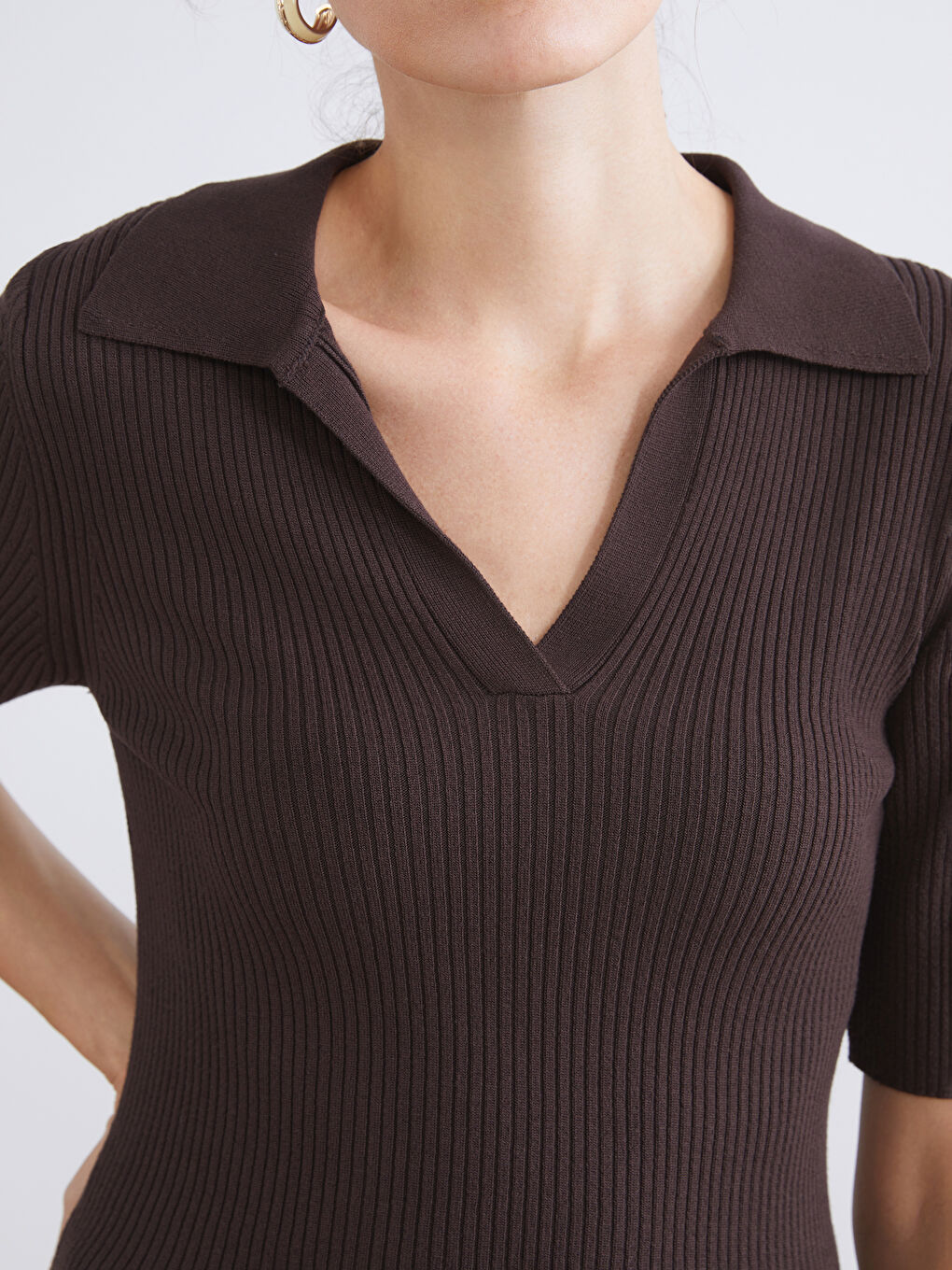 Kahverengi Polo Yaka Kadın Triko Kazak-2