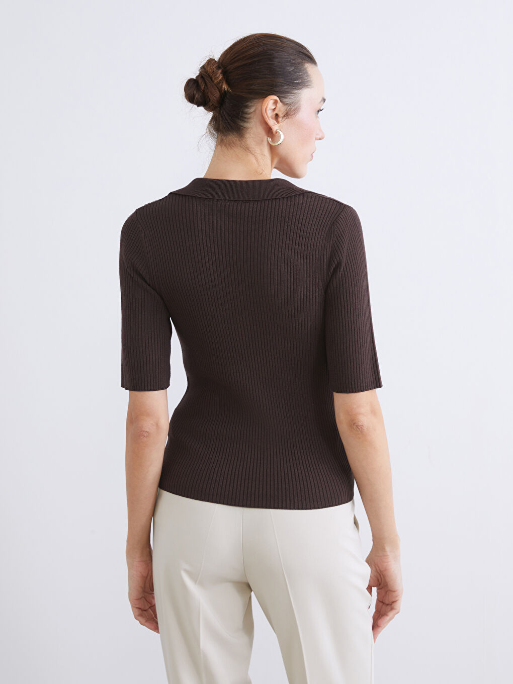 Kahverengi Polo Yaka Kadın Triko Kazak-3