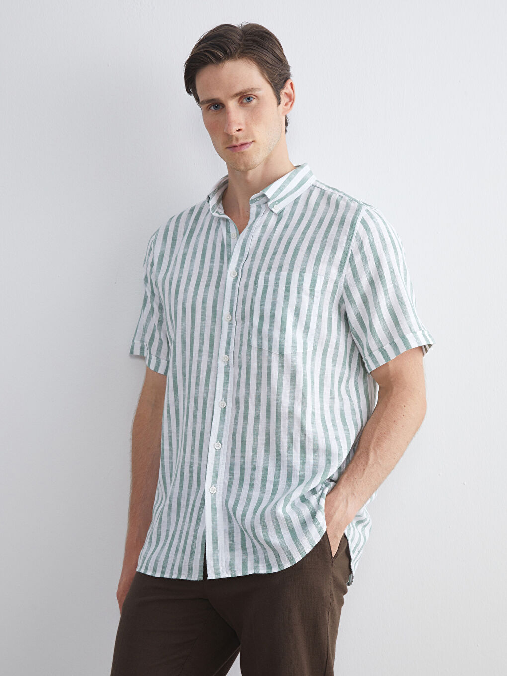 Yeşil Regular Fit Kısa Kollu Çizgili Poplin Erkek Gömlek