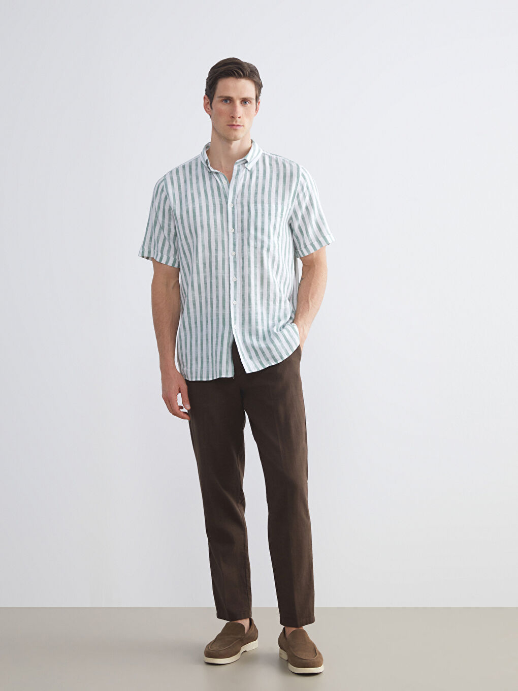 Yeşil Regular Fit Kısa Kollu Çizgili Poplin Erkek Gömlek-1