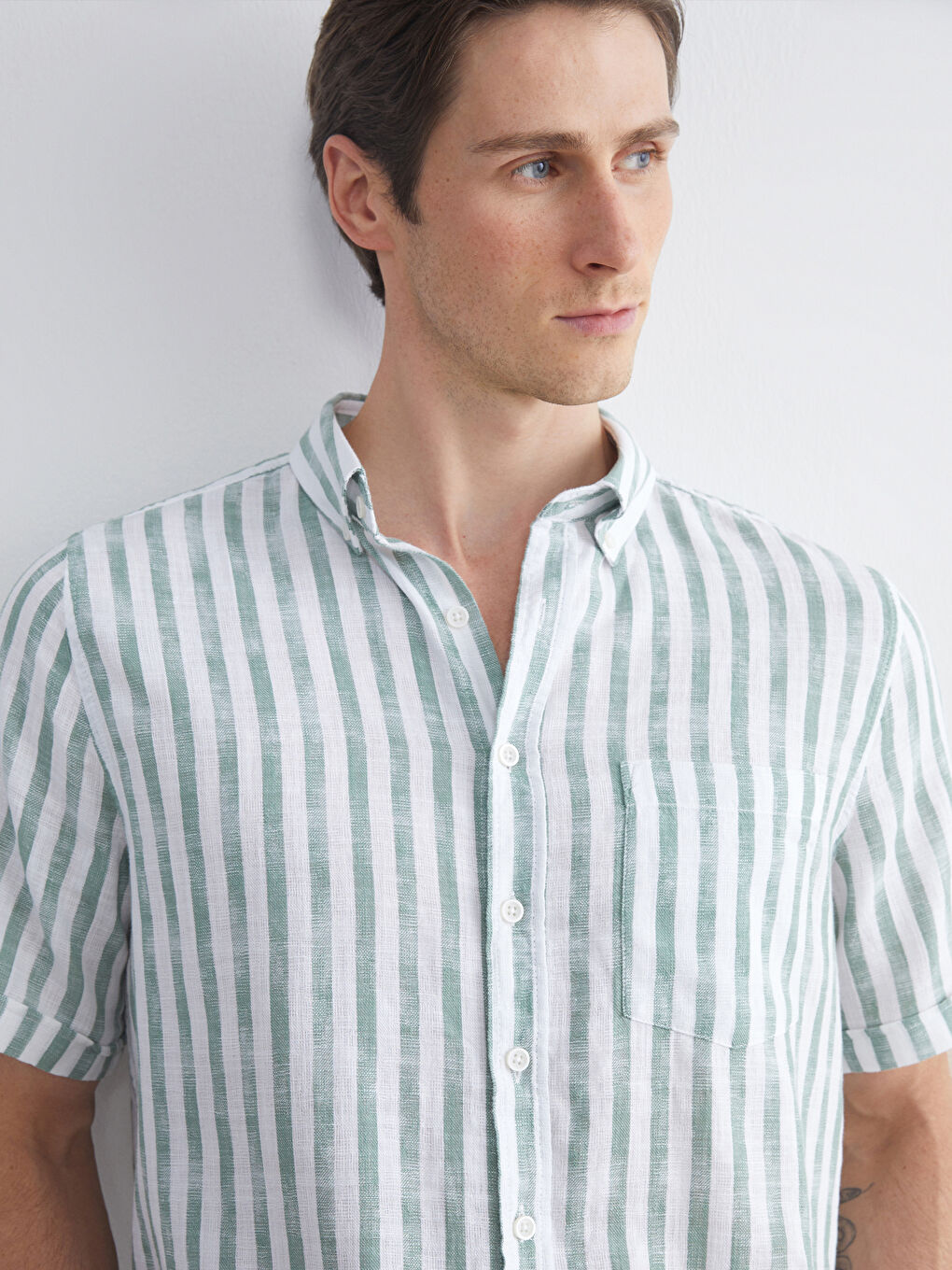 Yeşil Regular Fit Kısa Kollu Çizgili Poplin Erkek Gömlek-2