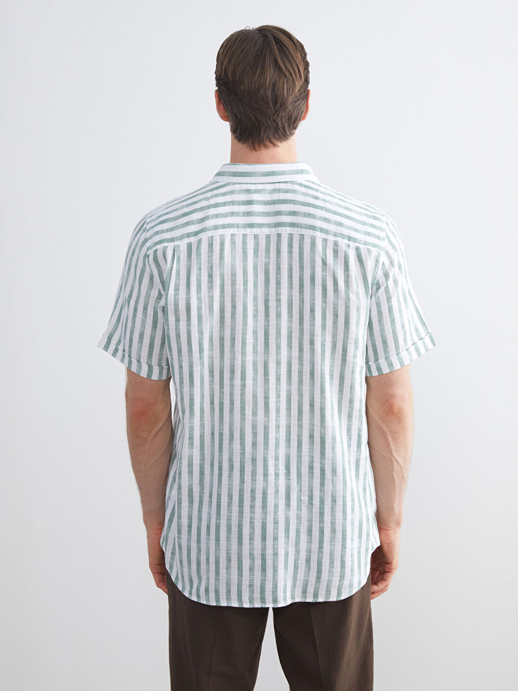 Yeşil Regular Fit Kısa Kollu Çizgili Poplin Erkek Gömlek-3