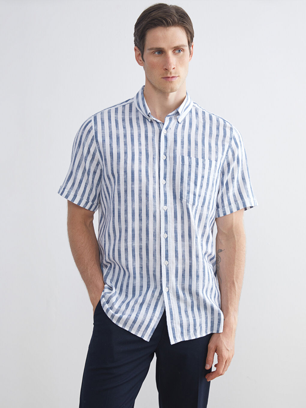 Lacivert Regular Fit Kısa Kollu Çizgili Poplin Erkek Gömlek