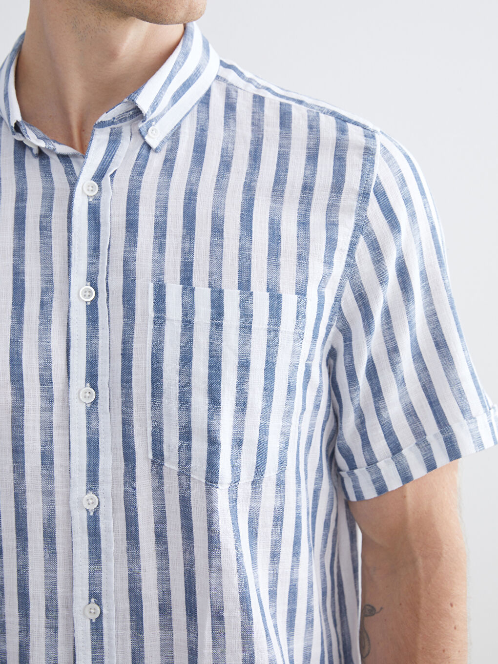 Lacivert Regular Fit Kısa Kollu Çizgili Poplin Erkek Gömlek-2