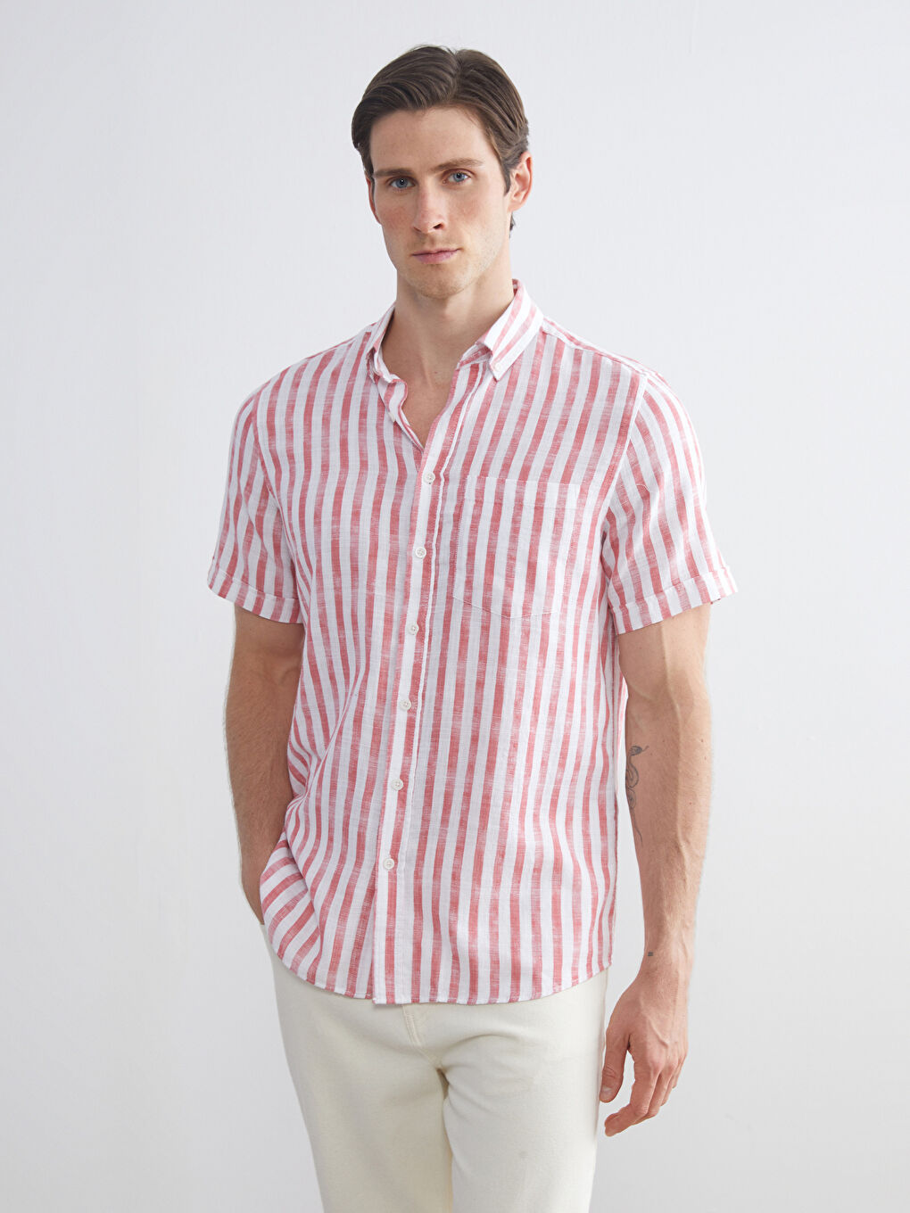 Pembe Regular Fit Kısa Kollu Çizgili Poplin Erkek Gömlek