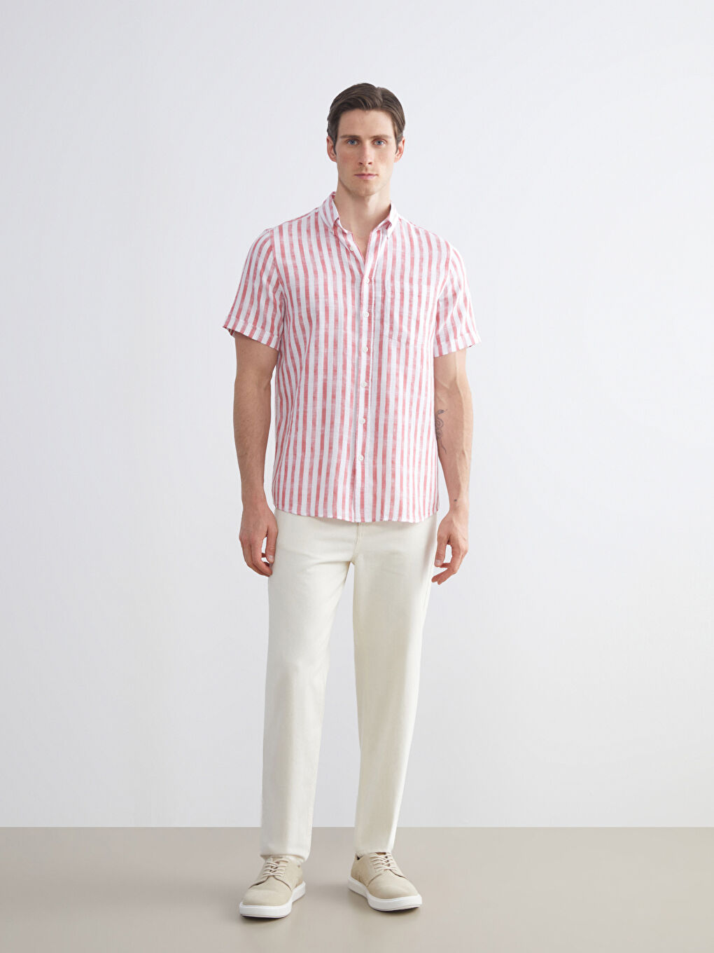 Pembe Regular Fit Kısa Kollu Çizgili Poplin Erkek Gömlek-1