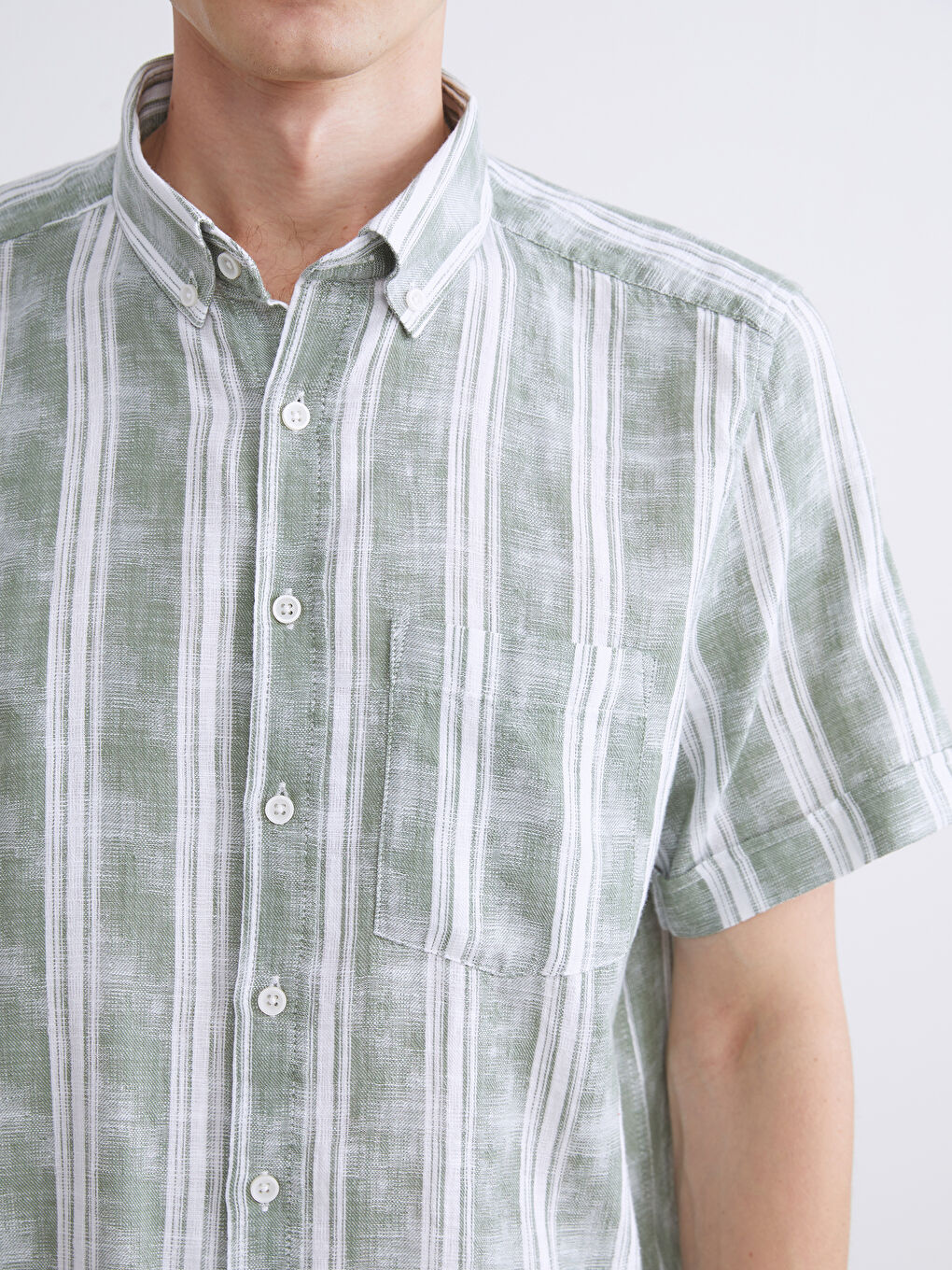 Yeşil Regular Fit Kısa Kollu Çizgili Poplin Erkek Gömlek-2