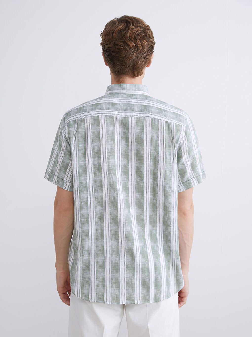 Yeşil Regular Fit Kısa Kollu Çizgili Poplin Erkek Gömlek-3