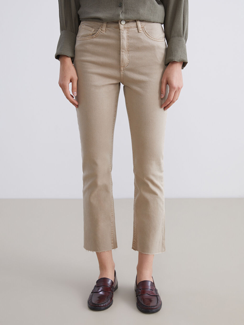 Kahverengi Crop Flare Kadın Jean Pantolon-1