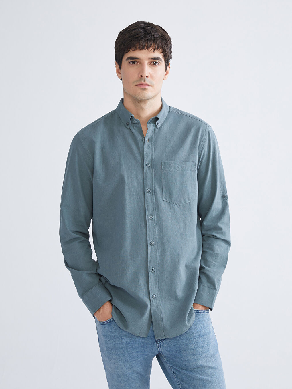 Yeşil Regular Fit Uzun Kollu Poplin Erkek Gömlek