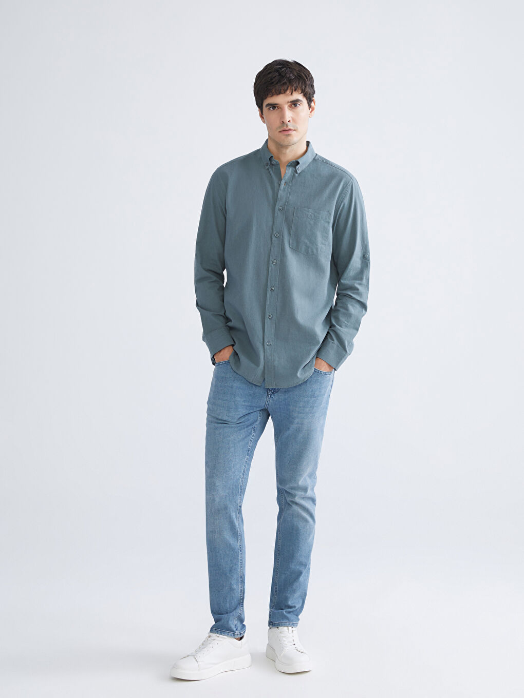 Yeşil Regular Fit Uzun Kollu Poplin Erkek Gömlek-1