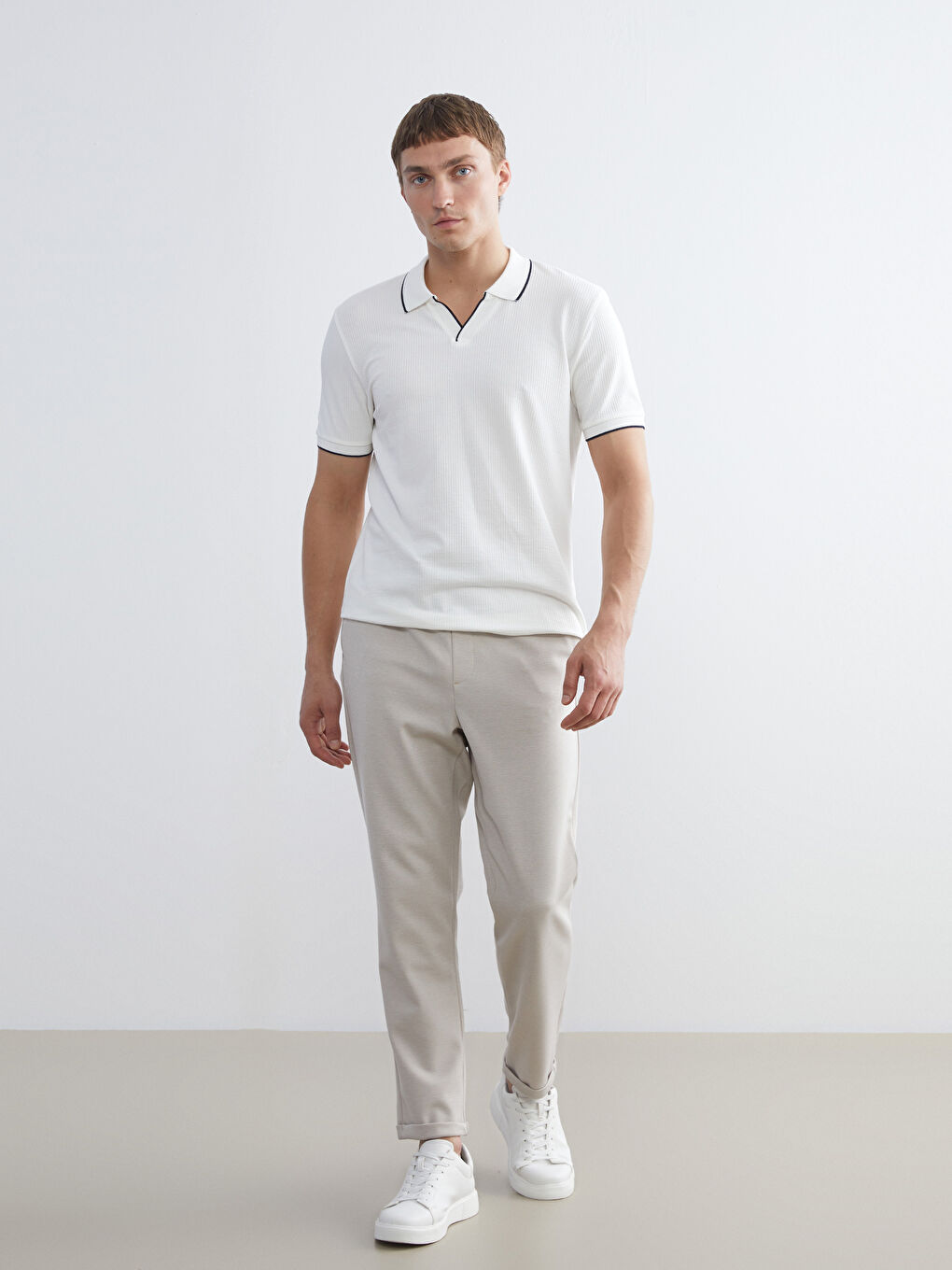 Ekru Polo Yaka Penye Erkek Tişört-1