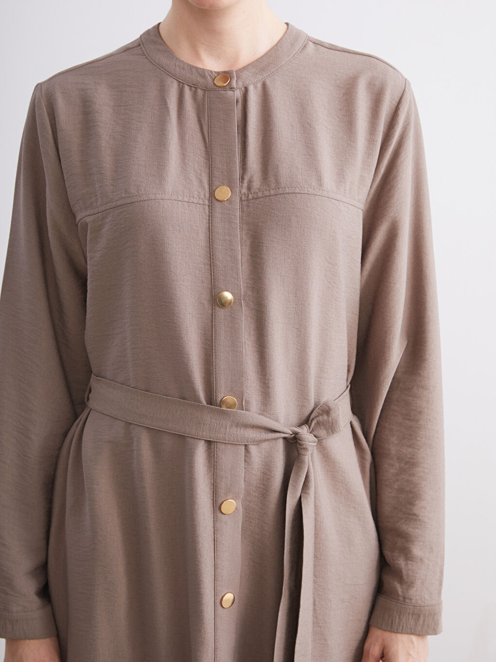 Kahverengi Bisiklet Yaka Keten Görünümlü Gömlek Elbise-2