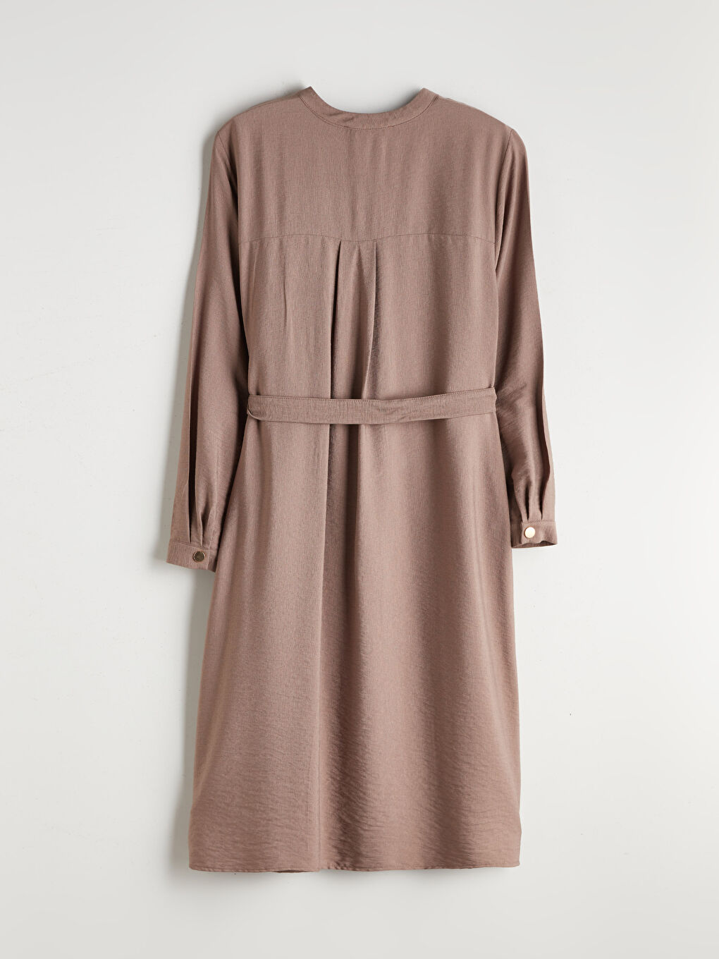 Kahverengi Bisiklet Yaka Keten Görünümlü Gömlek Elbise-5