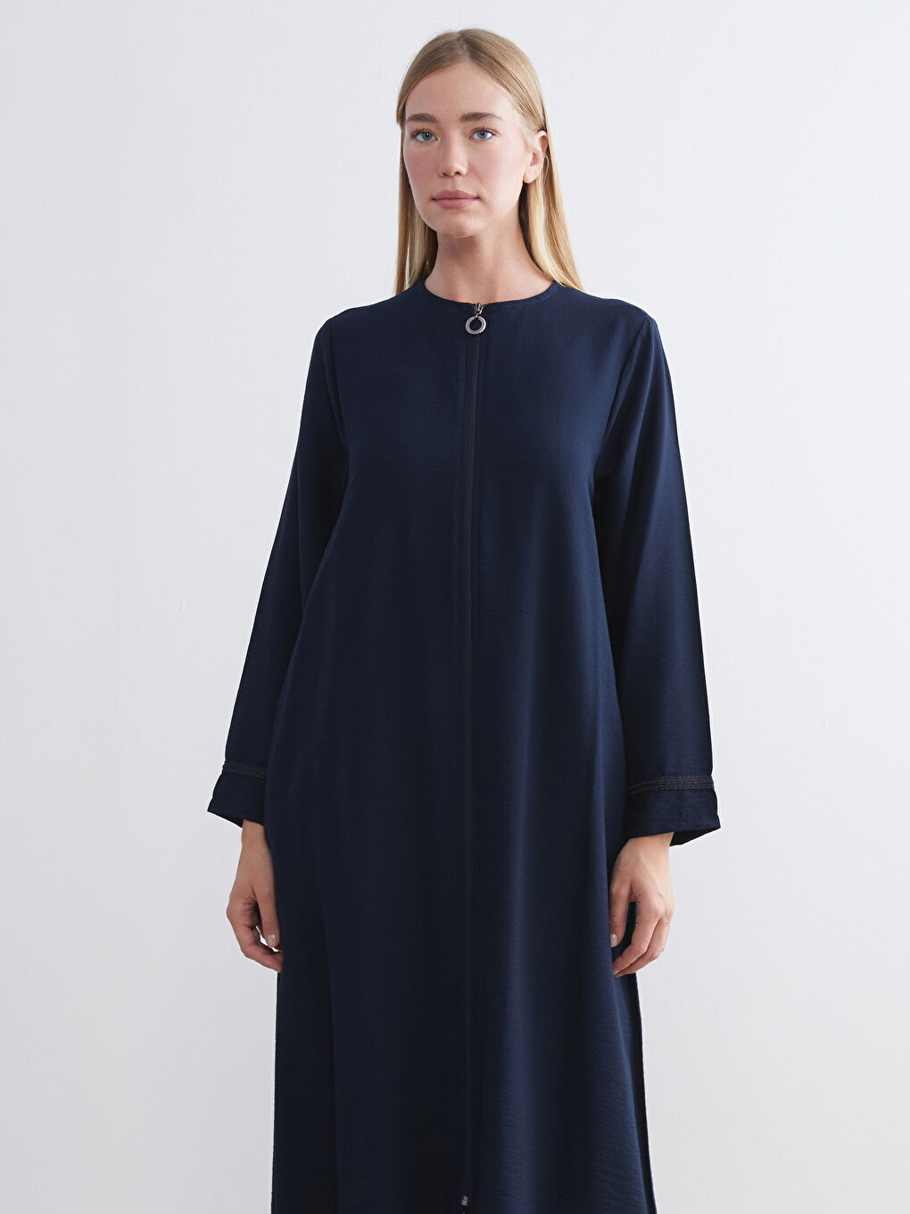 Lacivert Bisiklet Yaka Keten Görünümlü Kadın Ferace-1