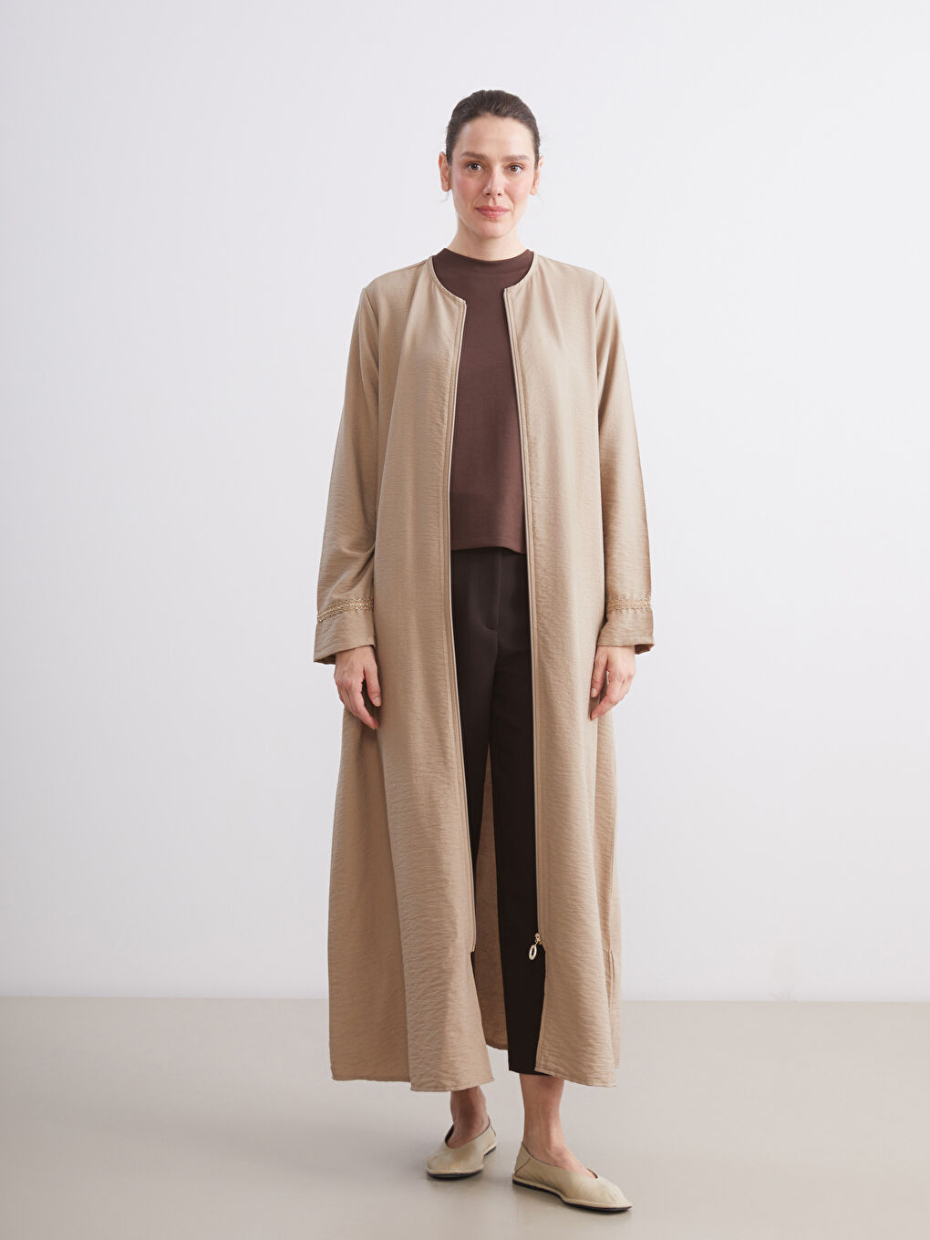 Bej Bisiklet Yaka Keten Görünümlü Kadın Ferace-3