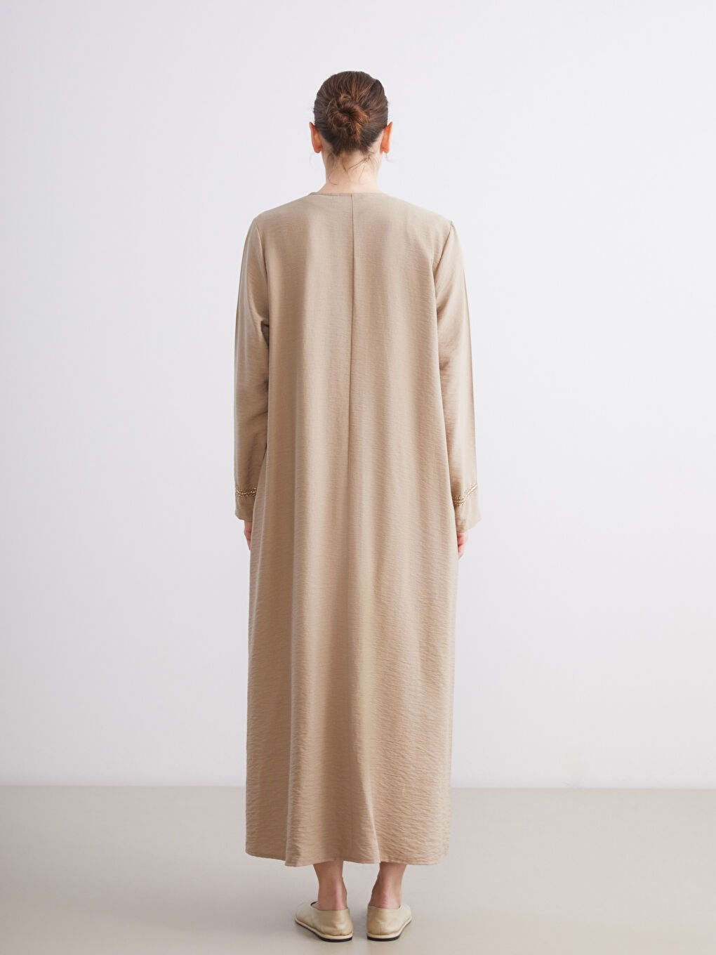 Bej Bisiklet Yaka Keten Görünümlü Kadın Ferace-4