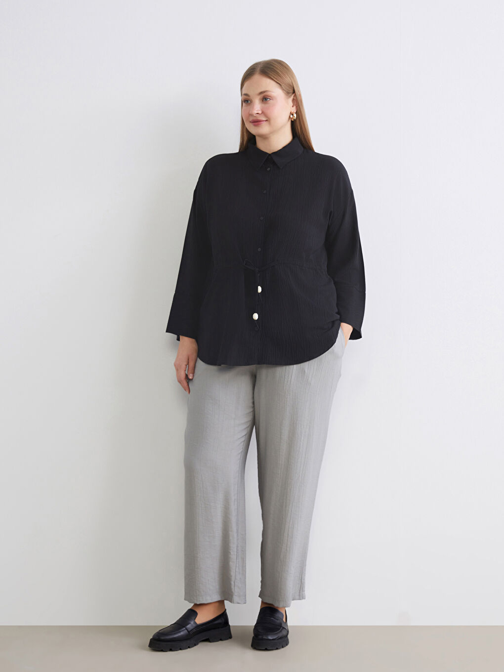 Gri Beli Lastikli Kadın Pantolon-1