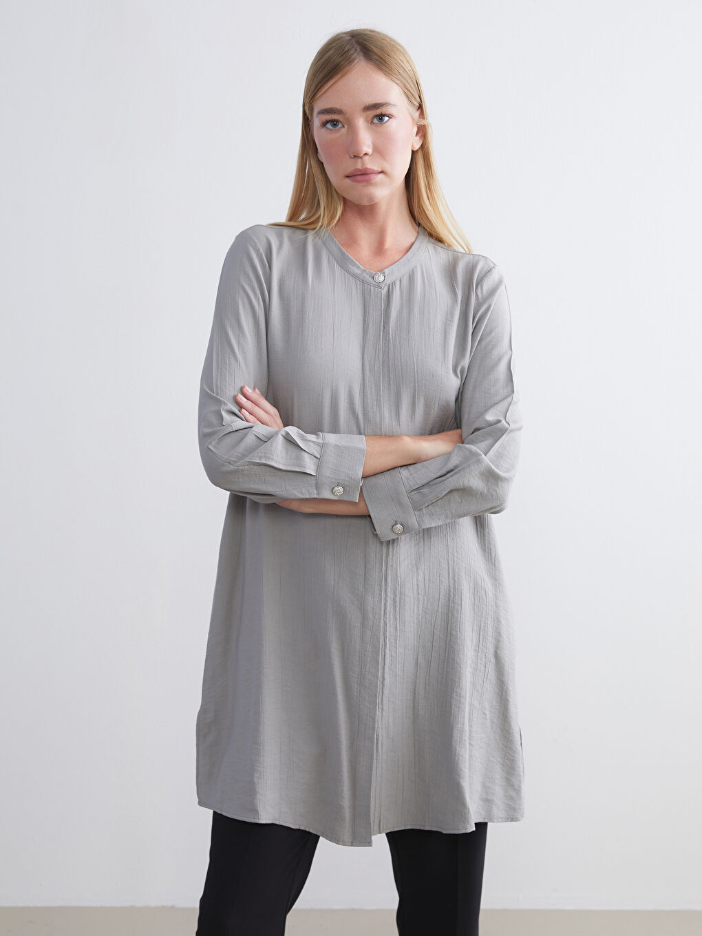 Gri Hakim Yaka Kadın Gömlek Tunik