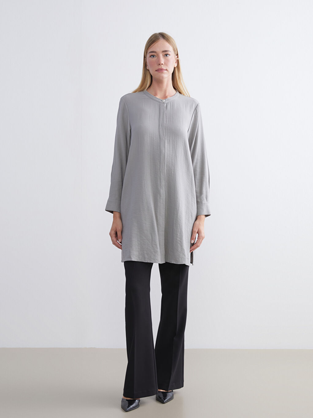 Gri Hakim Yaka Kadın Gömlek Tunik-4