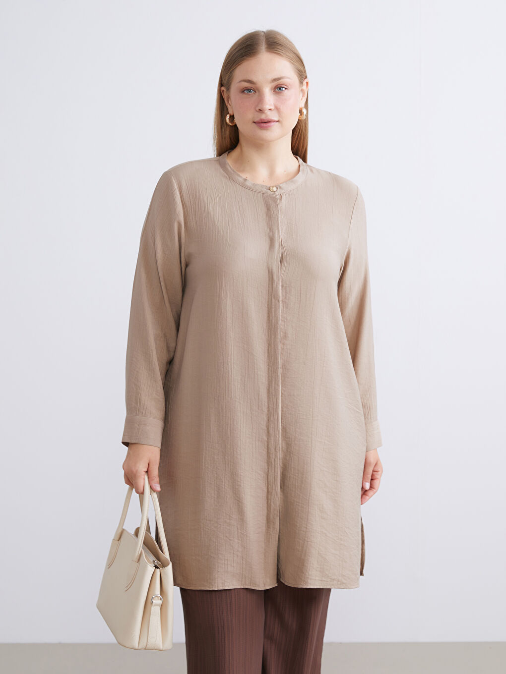 Kahverengi Hakim Yaka Kadın Gömlek Tunik-3