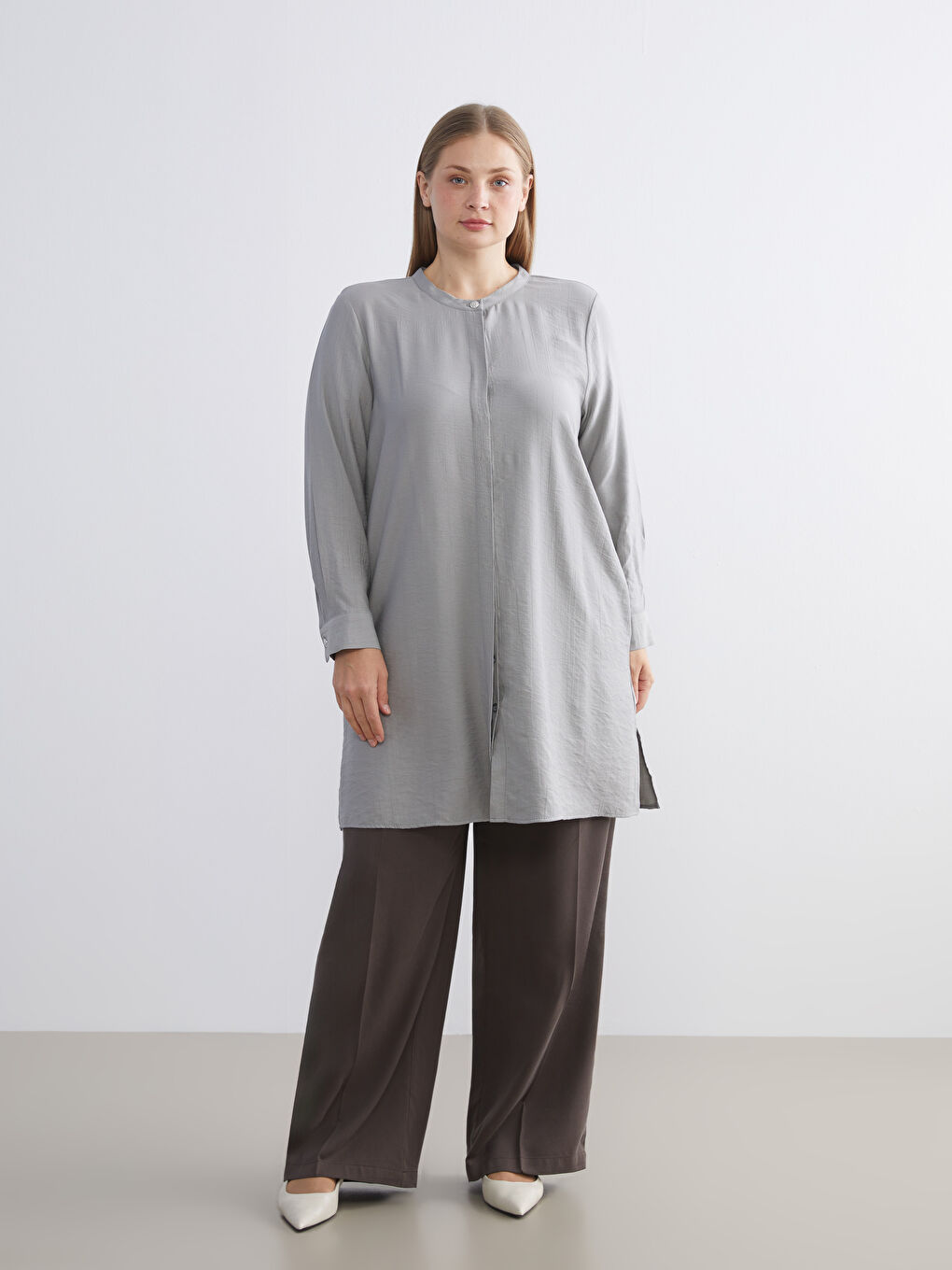 Gri Hakim Yaka Kadın Gömlek Tunik-1