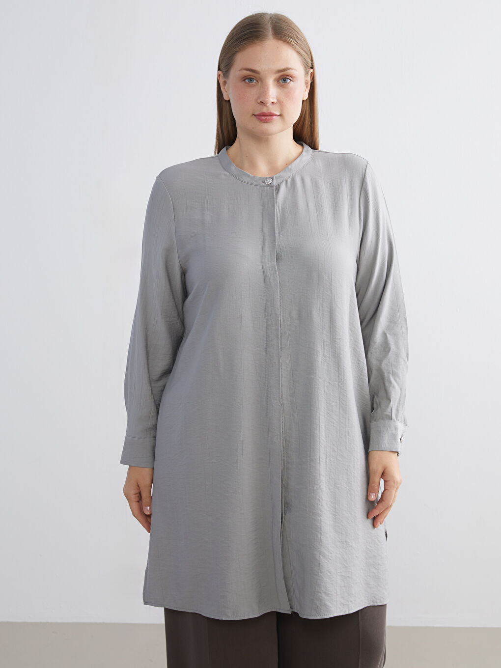 Gri Hakim Yaka Kadın Gömlek Tunik-3