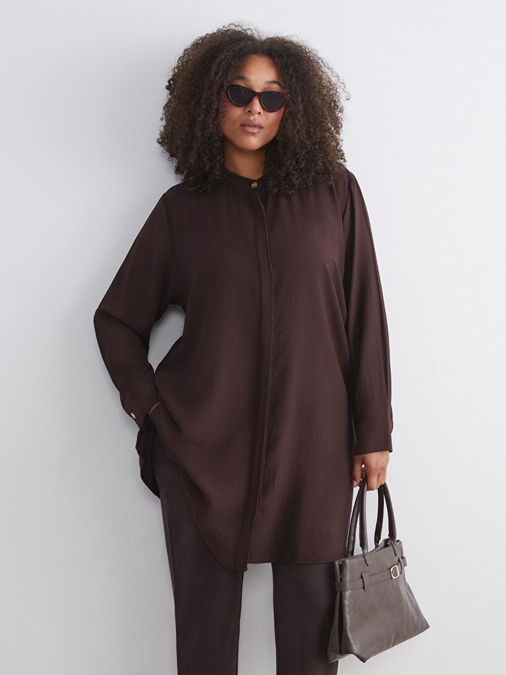 Kahverengi Hakim Yaka Kadın Gömlek Tunik-1